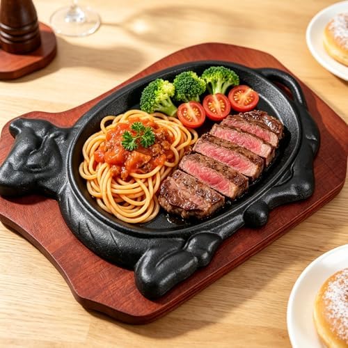 Cast Iron Steak Plate Sizzle Griddle Skillet with Wooden Base (7.8" x 5.1" Inch) - Image 7