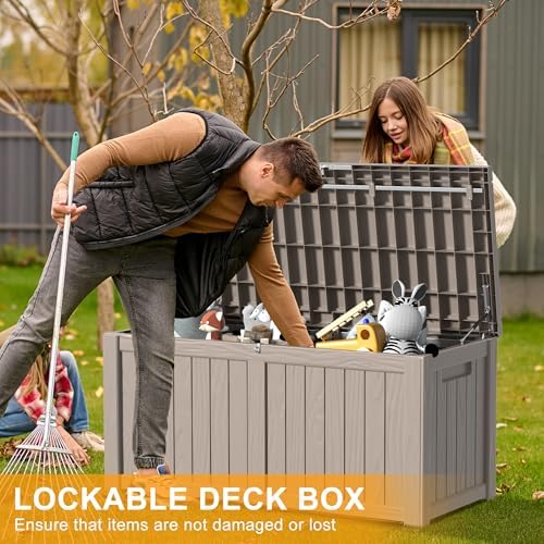 DRATO 150 Gallon Deck Boxes Outdoor Waterproof, Resin Large Lockable Storage Box with Lid, Outdoor Storage Bench Patio Cushions Furniture, Garden Tools, Pool Accessories(Grey, 150 Gallon) - Image 2