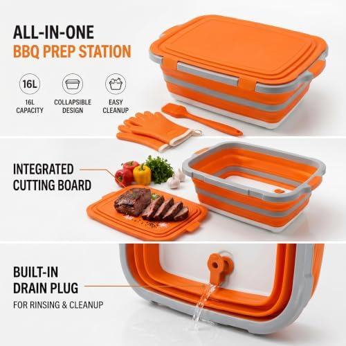 Collapsible BBQ Prep Tub with Lid & Integrated Cutting Board, 16L XL Meat Marinating Basin with Drain Plug, Foldable Grill Prep Station with Heat-Resistant Gloves, Brush & Spatula (X-Large, 16L) - Image 5