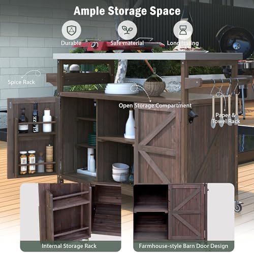 Outdoor Kitchen Island with Stainless Steel Top, Rolling Bar Cart & Storage Cabinet, 100% Solid Fir Wood BBQ Prep Station Grill Table with Spice Rack & Towel Holder (Dark Brown, 50-Inch) - Image 6