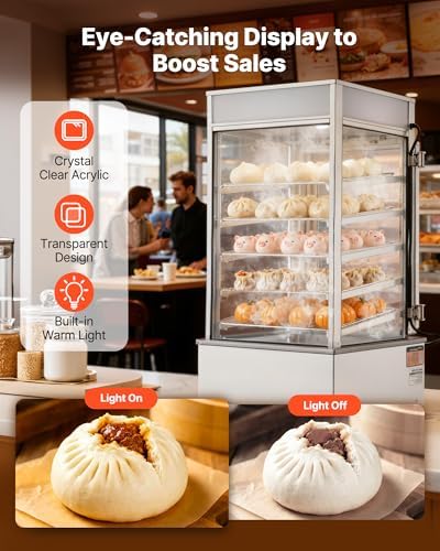 VEVOR 5-Tier Commercial Food Warmer Display, 1200W Food Display Warmer with LED Light, Adjustable Shelf & Stainless Steel Frame, 86℉~230℉ Steam Heating, 120L for Hamburger, Pizza, Bread, Fried Chicken - Image 4
