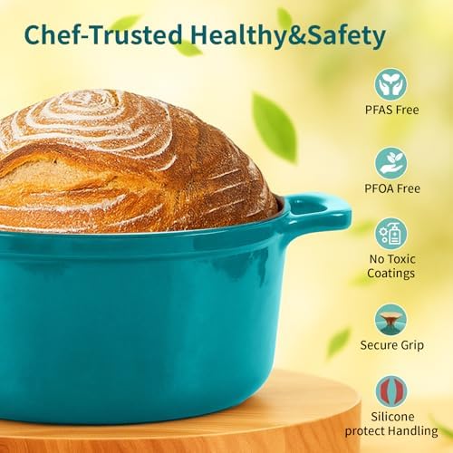 Enameled Cast Iron Dutch Oven with Lid&Silicone Grip, Round Casserole Pot for Bread Baking, Braising, Roasting,Stews,Heavy-Duty Baking Pan,Oven Safe, Induction Compatible (4.7QT,Lagoon) - Image 5