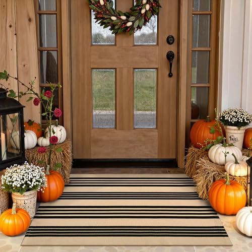 Striped Outdoor Fall Front Door Mat 2.3'x3.6', Cotton Washable Rug by Sungea
