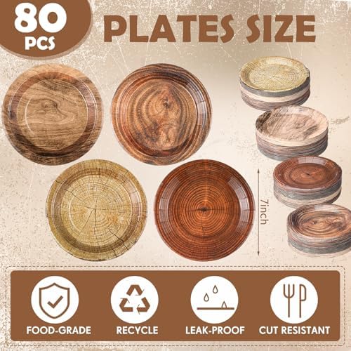 80 Pcs Camping Birthday Party Supplies 7 Inch Wood Grain Paper Plates Rustic Wood Slice Dessert Plates for Hunting Birthday Decorations Woodland Party Dinnerware - Image 2