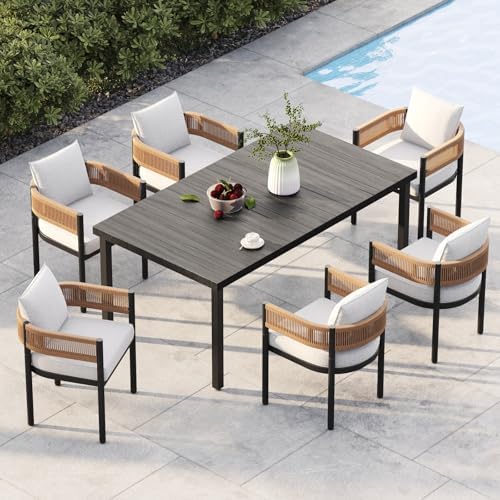Grand patio Outdoor Dining Set for 6, 7PCS Patio Table and Chairs Set, Metal Woven Wicker Fixed Patio Chairs with Thickened Cushions & Rectangular Woodgrain Dining Table with Umbrella Hole (Natural) by GrandPatio