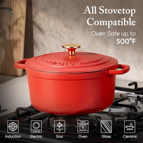 CAROTE Enameled Cast Iron Dutch Oven Pot with Lid, 4QT Red - Image 3