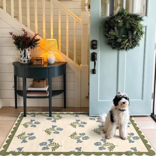 3x5 Floral Entry Rug - Small Washable Indoor Outdoor Mats for Front Door Non-Slip Porch Rug Sage Blue Boho Retro Throw Rugs for Living Room Bedroom Entryway Kitchen Office Porch Decor - Image 4