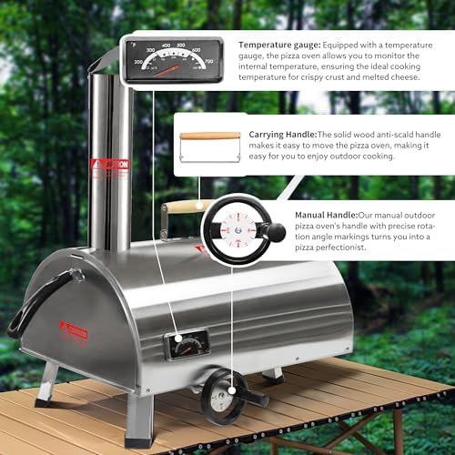 Silver Pizza Oven Outdoor 12" Semi-Automatic Rotatable Pizza Ovens Portable Stainless Steel Wood Fired Pizza Oven Pizza Maker with Built-in Thermometer Pizza Cutter Carry Bag - Image 4