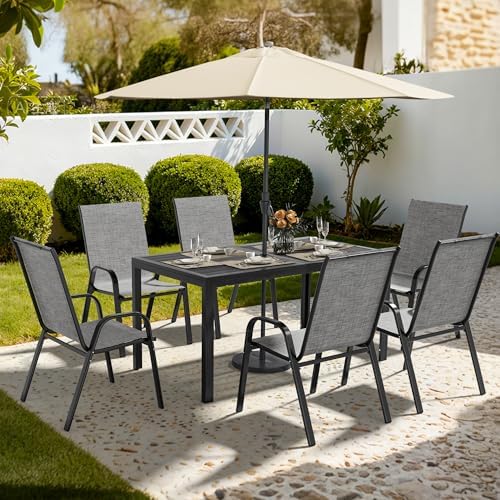 Pamapic Outdoor Dining Sets for 6, Rectangular Steel Slat Table with 6 Textilene Chairs, 7 Piece Patio Table and Chairs Set with Umbrella Hole for Patio, Backyard, Poolside (Grey, No Umbrella) by Pamapic