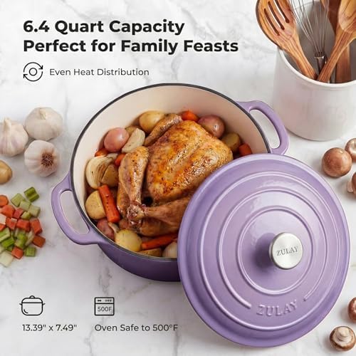 Zulay Kitchen 6.4QT Enameled Cast Iron Dutch Oven Pot with Lid, Heavy-Duty Soup Pot for Stews, Braising, Roasting & Sourdough Bread Baking, Oven Safe up to 500°F - Lavender Jade - Image 6