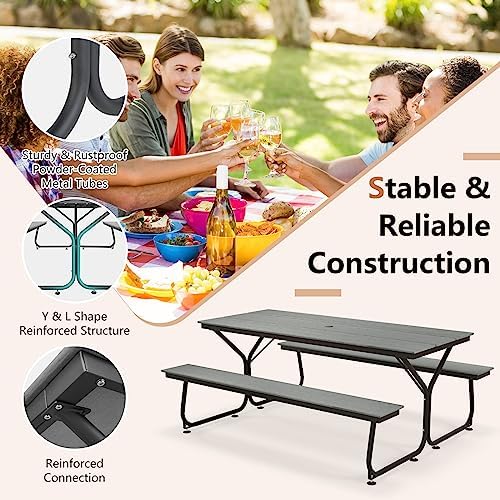 HAPPYGRILL Outdoor Picnic Table Bench Set, 2450 LBS Capacity Dining Table with 2 Benches for 6-8 People, Heavy Duty Metal Frame Picnic Table with HDPE Tabletop & Umbrella Hole for Patio Garden Yard - Image 5