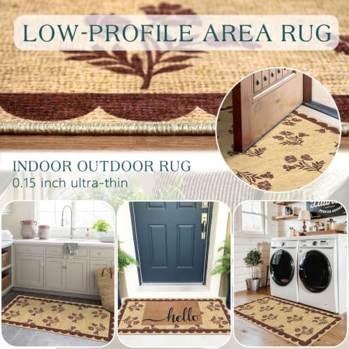 Front Door Mat Indoor Entrance - 2x4.3 Ft Burgundy Floral Washable Layered Doormat Outdoor Entrance Porch Rug Non-Slip Neutral Country Jute-Look Runner Rug for Mudroom Laundry Room Porch Decor - Image 5
