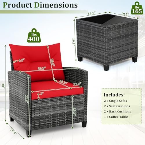 RELAX4LIFE Wicker Patio Furniture Sets - 3 Pieces Rattan Sofa Set, Outdoor Conversation Set with Tempered Glass Tabletop, Heavy-Duty Steel Frame, Wicker Chair Set for Poolside, Backyard (Grey-Red) - Image 6