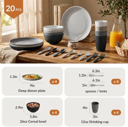 Homienly Wheat Straw Dinnerware Sets 20 PCS Unbreakable Plates and Bowls Set Microwave & Dishwasher Safe Dishes Set for 4 Kitchen Plate Set Party, Camping, RV, Picnic, Apartment-Black Grey - Image 2