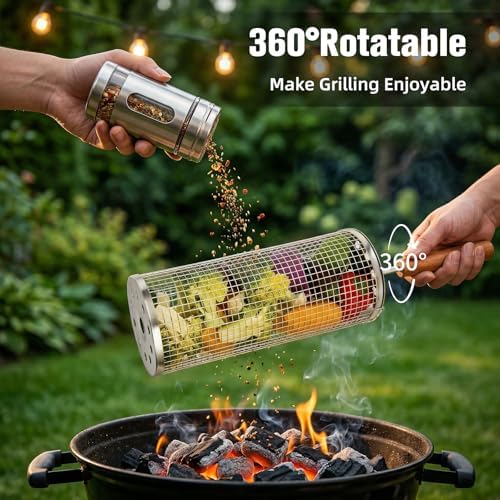Rolling Grill Baskets (2PCS), Stainless Steel Grill Basket,Dishwasher Safe BBQ Grill Accessories Portable Grill Baskets for Outdoor Grill for Fish, Shrimp,Meat,Vegetables,Fries Outdoor Cooking Camping - Image 4