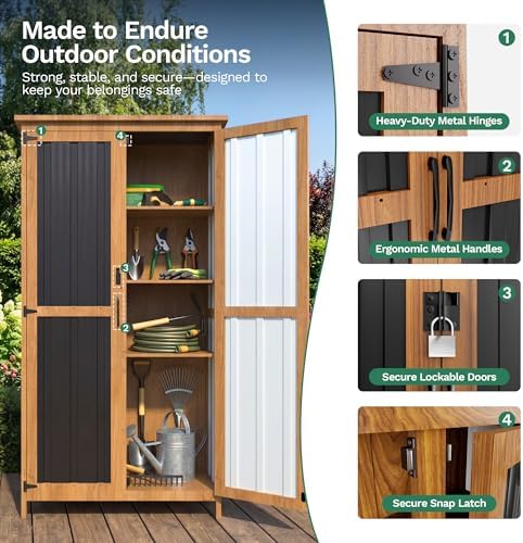 Devoko Metal & Wood Weatherproof Garden Storage Tall Shed with 3 Adjustable Shelves, Lockable Outdoor Patio Cabinet, Waterproof Yard Organizer for Lawn Gear and Garden Tools, Black - Image 4