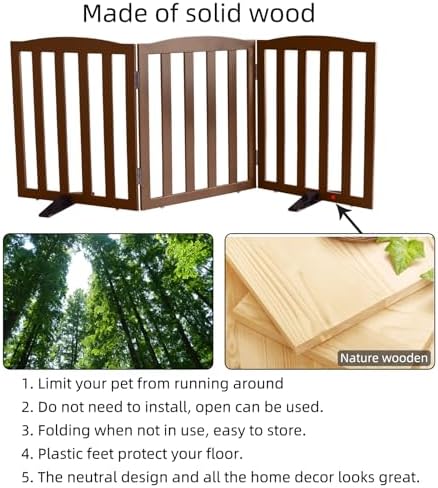 Freestanding Dog Gate Indoor,Doggie Gate Foldable Pet Gates for Doorways,Stairs or Hallways, Wooden Brown Pet Gate for the House, Pet Fence with Support Feet Included,24 "Height-3 Panels - Image 6