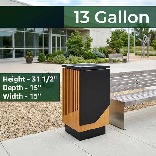13 Gallon Square Outdoor Trash Can - Decorative Steel and Wood Composite Commercial Waste Receptacle with Hinged Lid and Galvanized Steel Liner for Hotels, Retail Stores, and Entryways - Image 2