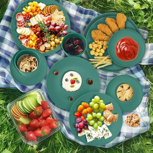Wrova 40Pack plates and bowls sets for kids - Unbreakable wheat straw dinnerware sets service for 8 - Alternative plastic 40pcs dish sets for kitchen, camping and indoors dinning - (Green) - Image 6