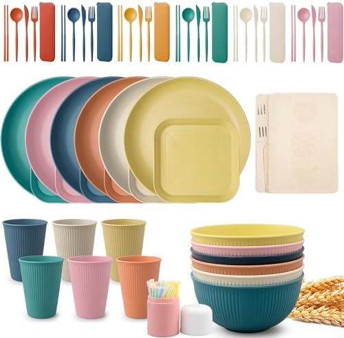 48 Pcs Wheat Straw Dinnerware Sets for 6,Unbreakable Plates and Bowls Set by KisSealed
