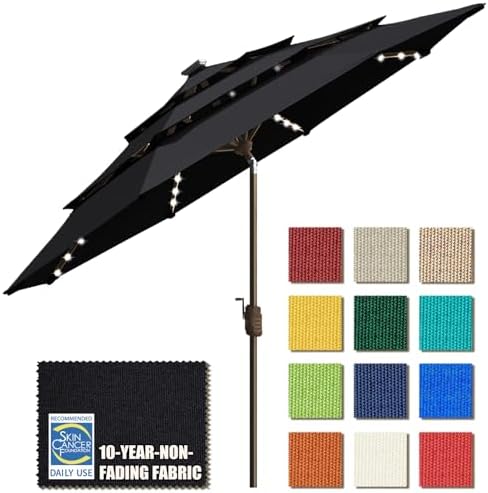 EliteShade USA 10-Year-Non-Fading 9ft 3-Tier Market Patio Umbrella, Commercial Table Umbrella with 80 Solar LED Lights, Crank Open, Windproof & UPF 50+ UV Protection for Garden, Deck, Pool, Backyard, Black by EliteShade