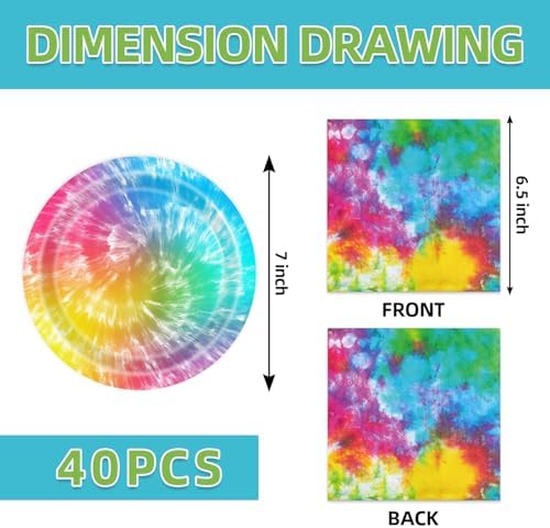 40pcs Tie-Dye Party Supplies Tie-Dye Party Plates and Napkins for Hippie Rainbow Pastel Tie Dye Birthday Party Supplies,Suitable for 20 Guests. - Image 2