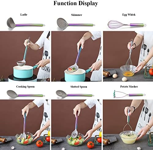 HOMQUEN 38 Piece Silicone Kitchen Cooking Utensils Set with Utensil Rack, Silicone Head and Stainless Steel Handle Cookware, Rainbow Handle with Silicone Head - Image 6