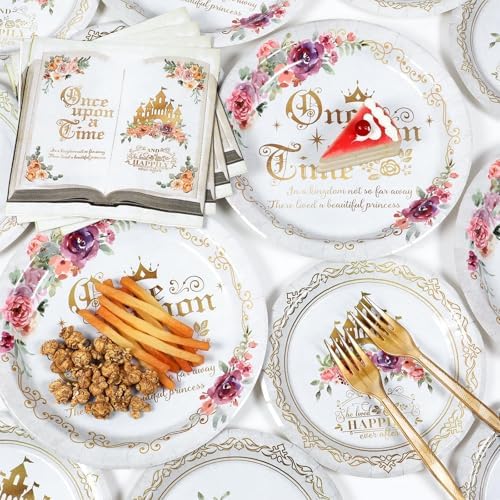 96Pcs Fairytale Princess Plates and Napkins Once Upon a Time Party Tableware Set Plates for Wedding Girl Pink Floral Gold Castle Dinnerware for Birthday Party Baby Shower Decoration Supplies Serve 24 - Image 5
