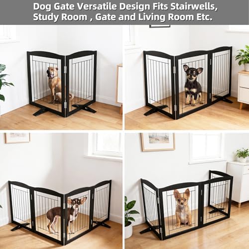 ZJSF Freestanding Dog Fence Indoor, Foldable Dog Gate for Doorways, Stairs or Hallways, Sturdy Wood Extra Wide Pet Gate with Support Feet for The House, Black, 32 "Height-2 Panels - Image 4