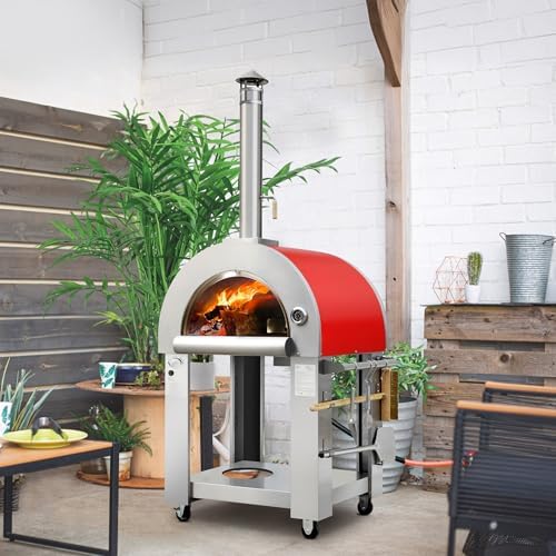 KOSTCH 32.5 inch Wood Fired and Propane Gas Pizza Oven for Outdoor Kitchen in Stainless Steel, Large Pizza Oven for Outside, Yard and Party (Red with Cover) - Image 2
