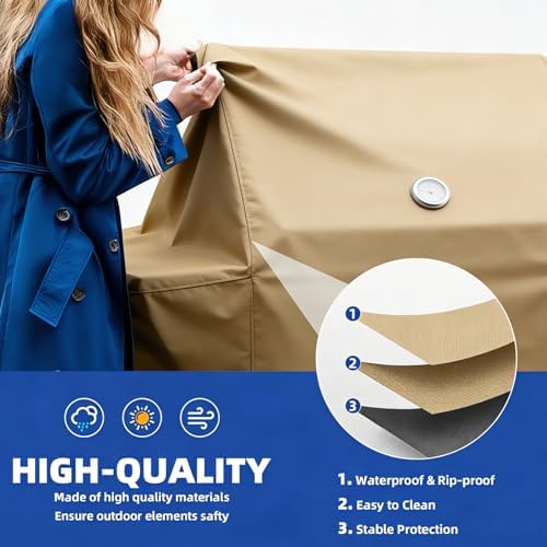 BBQ Gas Grill Cover for Outdoor, Anti-UV, Rip-Proof, 600D Oxford Fade Resistant Material, Barbecue Cover with Hook and Loop Straps & Adjustable Hem Drawstring (Beige, 65”x24”x44”) - Image 3