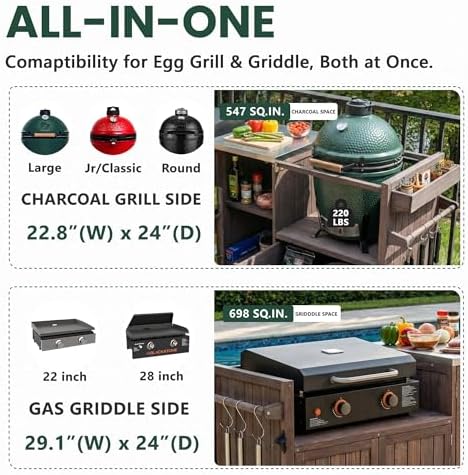 Outdoor Kitchen Island for Big Green Egg Grills, Grill Cart Table with Stainless Steel Top and Blackstone Griddle, Kitchen Storage Table with Cabinets and Drawer for 21"/28" Blackstone Griddle, Brown - Image 4