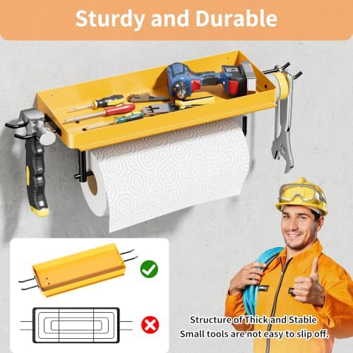 SUNTECH Garage Paper Towel Holder with Shelf & 2 Hooks Wall Mount, Yellow - Image 2