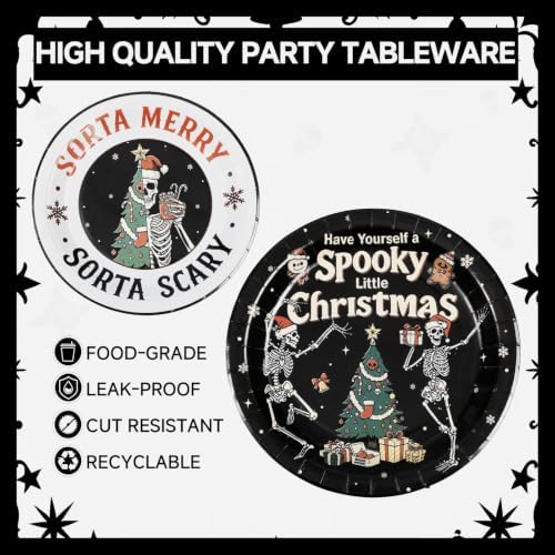 125 Pcs Gothic Halloween Christmas Tableware Set | Skull Christmas Disposable Paper Plates Napkins Forks, Goth Dinnerware set for Xmas Birthday Halloween Party Supplies - Image 3