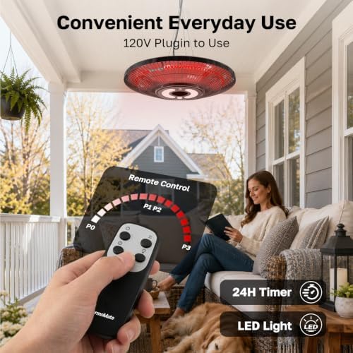Electric Patio Heater Outdoor, ThermoMate 1500W Infrared Hanging Heater Ceiling Mounted with Chain, IP65 Waterproof Outdoor Heater for Porch, Gazebo, Balcony, Black - Image 6