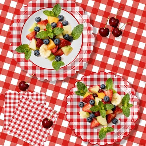 102 PCS Red Gingham Party Supplies - Christmas Scalloped Plates, Napkins, Forks, Banner, Gingham Tablecloth for Baby Shower, Birthday, Picnic Party Decorations, Serves 25 - Image 3