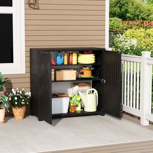 Mrosaa Outdoor/Indoor Storage Box,Resin and Plastic Storage Cabinet Waterproof,Outdoor Cabinet for Patio/Garden/Balcony/Backyard/All Room(with 2 Shelves)-Black - Image 2