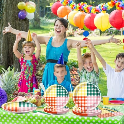 Lonfliness 96 Pcs Camp Checked Paper Plates and Napkins Checkered Bachelorette Party Supplies Checked Birthday Tableware Set Plaid Camping Themed Summer Party Favors Baby Bridal Shower Decor - Image 5