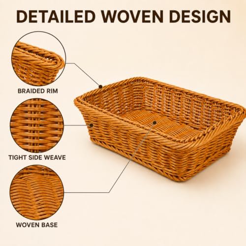 3 Pack Wicker Bread Baskets, 12 Inch Rectangular Serving Trays - Image 3