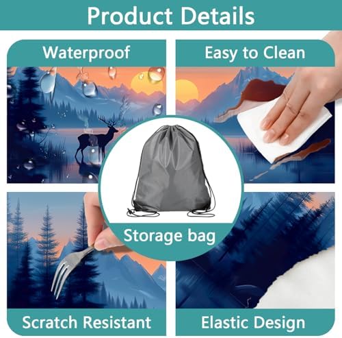 3 PCS Picnic Table Cover with Bench Covers & Storage Bag, Waterproof Fitted Camping Tablecloth with Elastic, 30x96 Inch, Sunset Mountain Lake Deer Forest Print, Indoor Outdoor Patio RV Party Table - Image 5
