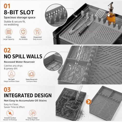 Silicone Grill Mat for Blackstone Griddle, 16x11.5 Extra-Thick Non-Slip Spatula Holder Mat with Grease Drip Pad, Heat Resistant BBQ Utensil Organizer for Side Shelf, Ideal Gifts for Men (Gray) - Image 4