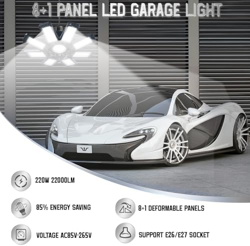 Garage Lights 4 Pack 220W, 22000LM LED Garage Lights with 8+1 Deformable Panels 6500K Screw in LED Shop Lighting for Workshop, Basement Support E26/E27 - Image 7