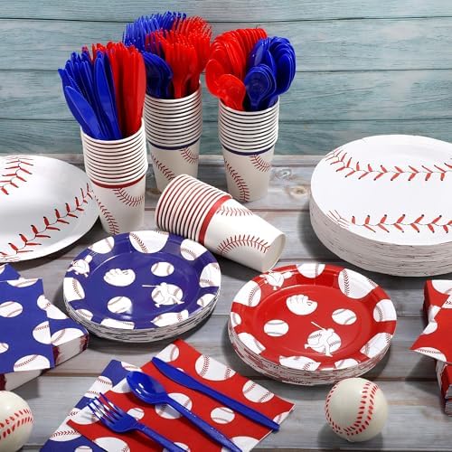 Kochorie 400 Pieces Baseball Disposable Tableware Sets, Baseball Party Supplies with Plates Cups Napkins Cutlery Serves 50 for Birthday Sports Party Decorations - Image 4