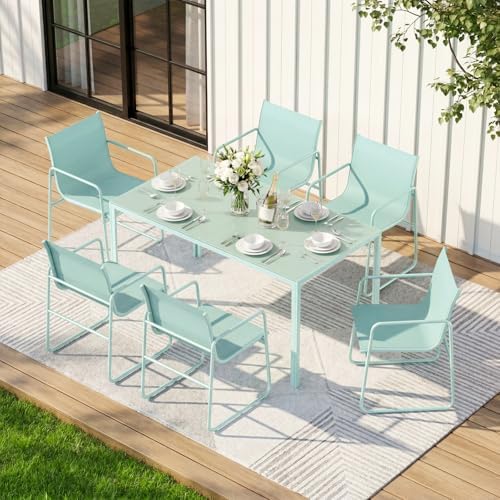 ONBRILL 7 Piece Patio Dining Set for 6 with Textilene Chairs, Aqua by ONBRILL