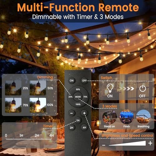 72ft Outdoor String Lights with Remote & Dimmer,36+2 Commercial Grade IP65 Waterproof Bulbs, 2700K Warm White,3 Lighting Modes & Timer,Includes 40 Cable Ties for Patio,Garden, Party - Image 4