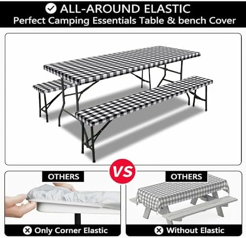 Picnic Table Cover with Bench Covers, Black and White Checkered Waterproof and Windproof, Fitted Tablecloth Cover with Elastic Edge, for Outdoor, Garden, Camping, 3 Pieces Set, 30x72 Inch - Image 6