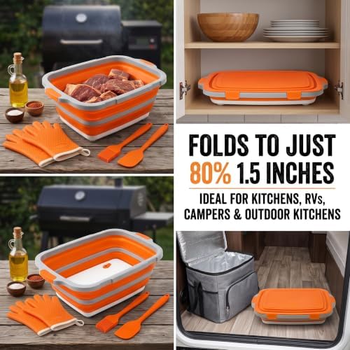 Collapsible BBQ Prep Tub with Lid & Integrated Cutting Board, 16L XL Meat Marinating Basin with Drain Plug, Foldable Grill Prep Station with Heat-Resistant Gloves, Brush & Spatula (X-Large, 16L) - Image 6