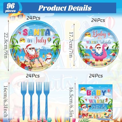 Gameza Tropical Christmas Party Decorations - 96PCS Baby It's Warm Outside Party Plates Napkins and Forks Tableware Set Disposable, Summer Santa in July Holiday Christmas Vacation Supplies Decor - Image 2