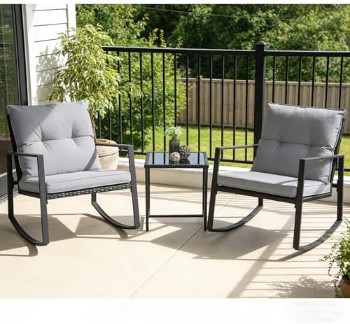 SUNCROWN 3 Piece Outdoor Rocking Bistro Set Black Wicker Furniture Porch Chairs Conversation Sets with Glass Coffee Table, Dark Grey - Image 2