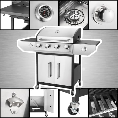 Kendane 4-Burner Propane Gas BBQ Grill with Side Burner, Barbecue Gas Grill with Enameled Cast Iron Grates for Outdoor Patio Garden Barbecue, 53,000 BTU, Stainless Steel Grill Cover included - Image 2